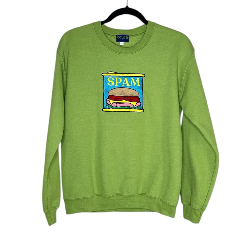 COUCH Lime Green Embroidered Patch Spam whimsical Sweatshirt size Small